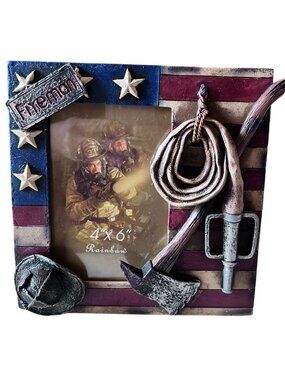 Patriotic Fire Department Fireman Helmet Hose Axe USA Flag 4"X6" Picture Frame